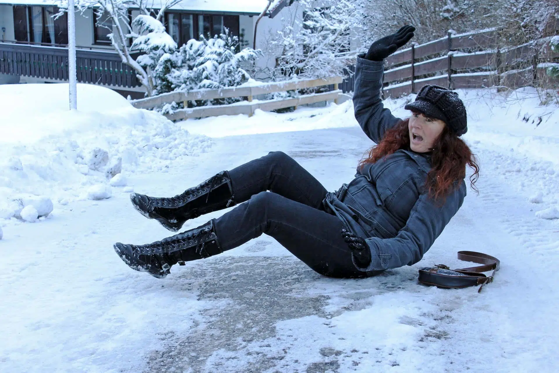 Image of a Temecula woman who has slipped and fallen outside of her home due to a lack of safety measures and her failure to promptly clear her walkway of snow.