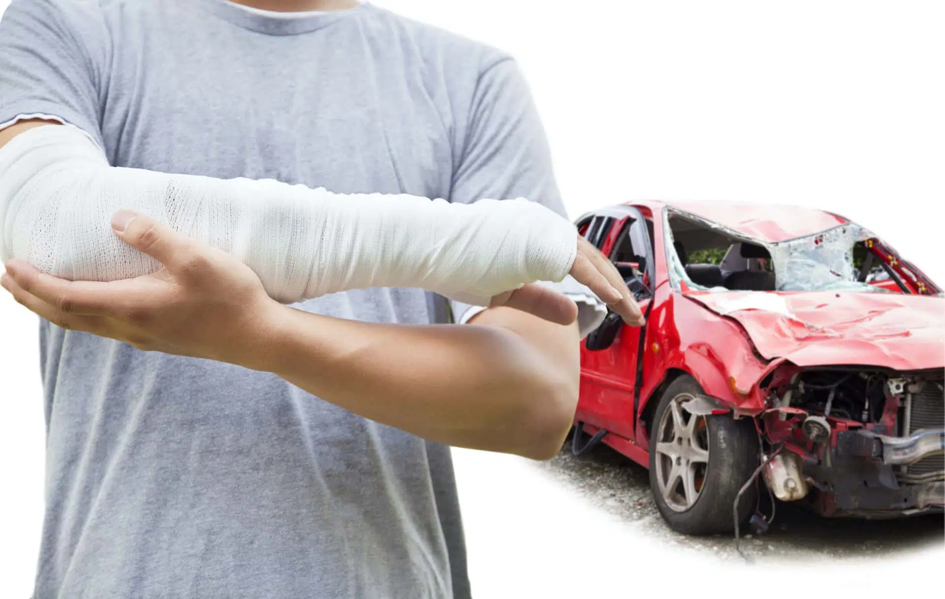 Close up of a man's casted arm with his totaled vehicle in the background